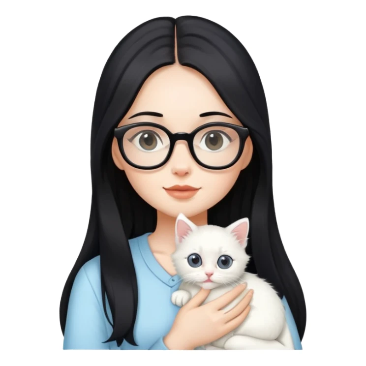 Beautiful girl with long black hair and glasses holding a white kitten sticker