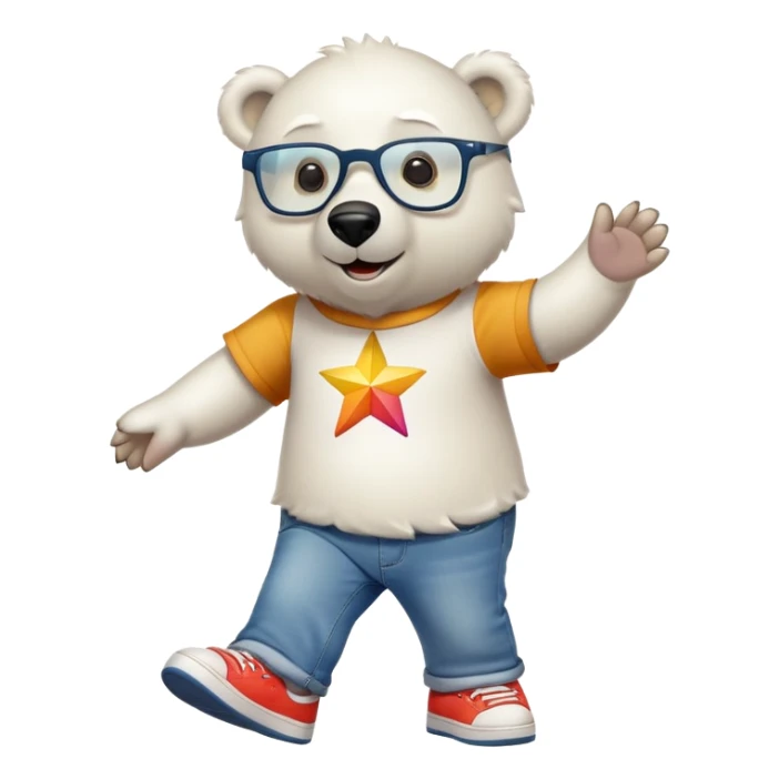 friendly anthropomorphised polar bear walking, excited expression, wearing shirt, jeans, trainers, oversized colorful star glasses sticker