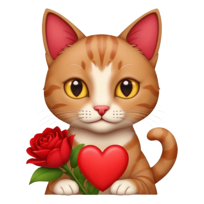 Male cat holding red flowers and heart sticker