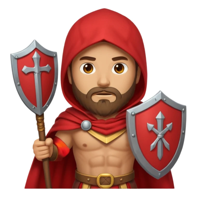 An emoji portrait of a Spartan warrior. He has a determined expression and a beard. He wears a red cloak and holds a shield with a lambda symbol. sticker