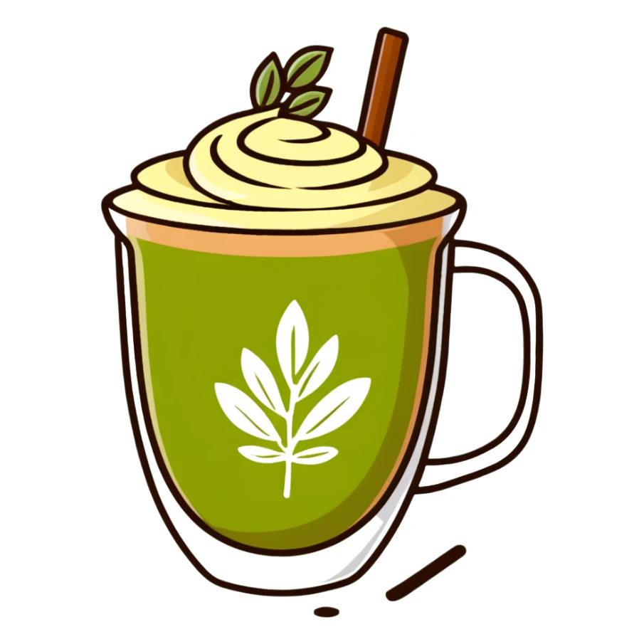 matcha latte with leaf detail, warm olive-brown tones, soft dreamy illustration sticker