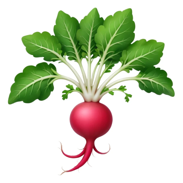 fresh radish, whole, round, pink-red, white root tip, smooth glossy, crisp, green leafy tops, no dirt, no slicing, no extras, soft lighting, emoji scale sticker