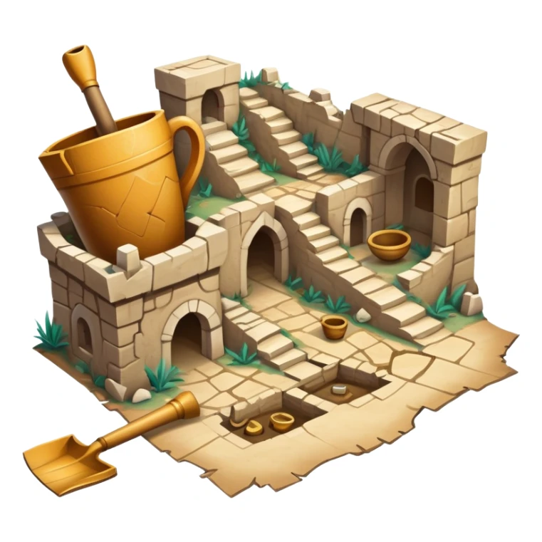 An icon showing an ancient city excavation site with uncovered ancient amphoras, an old map, and a shovel. The design captures the thrill of uncovering historical treasures and ruins. Transparent background highlights the excitement of archaeological discovery. sticker