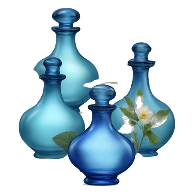 Four blue Antique oil perfume bottles with herbal and flowers sticker