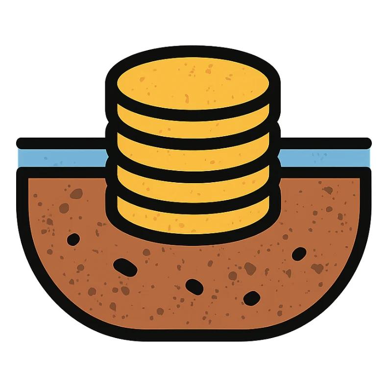 stacked disks partially submerged below a horizontal line suggesting underground with worn distressed effect sticker