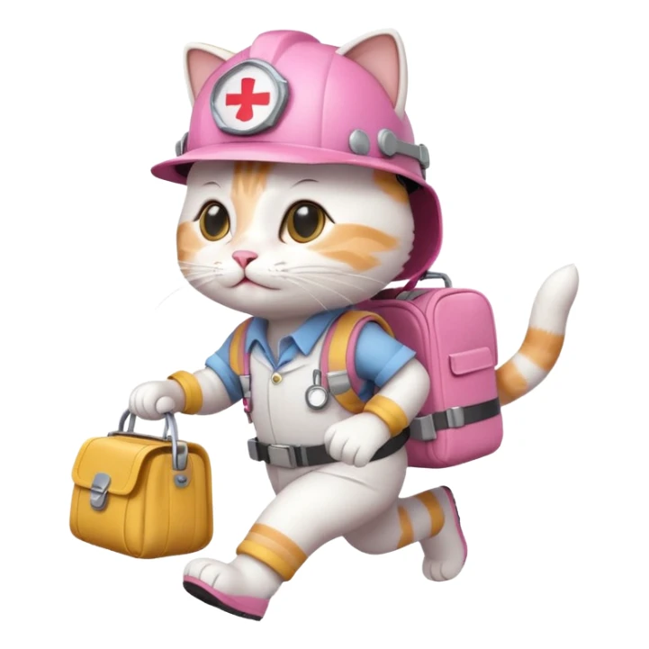 A cute white and pink funny cartoon cat dressed as engineer with a white helmet running very fast carrying her cute bag leaving a smoking footsteps sticker