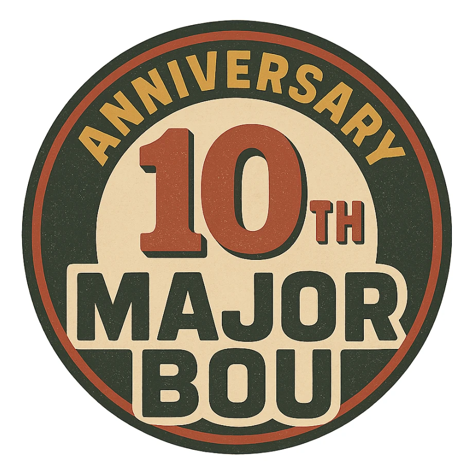 Retro-style 10th anniversary logo for Major Bou with bold typography and vintage colors sticker