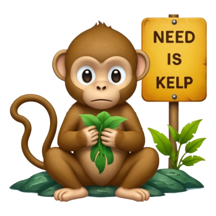 Sad Monkey sitting beside a 'neeed kelp 🥺' sign, sticker