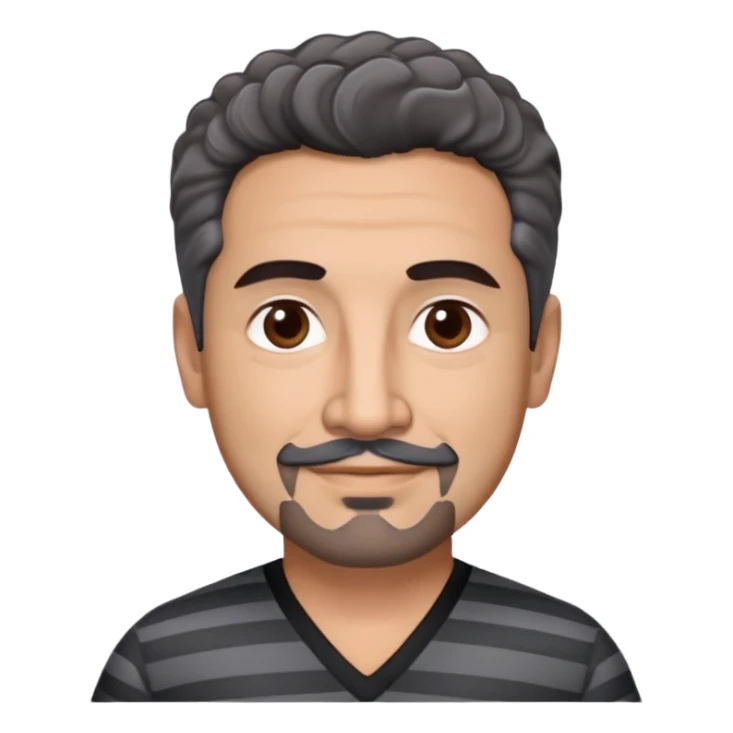 Latino theatre director in his late 40s with cinnamon skin. Square structured face. Approachable expression with gentle smile. Calm dark eyes. Thick eyebrows. Well-groomed black goatee with a few gray hairs. Short curly dark hair. Wearing a black V-neck shirt with gray stripes. sticker