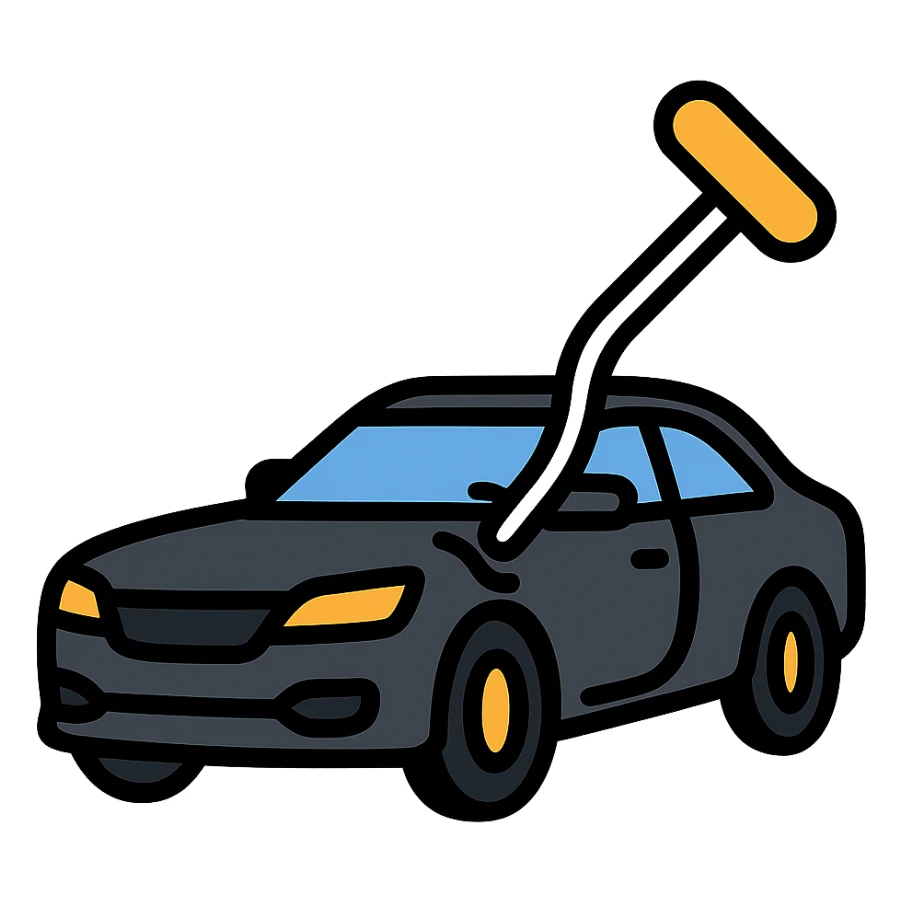 icon of a high-end black car with a subtle rod or hook tool touching a dent, matte black as main color, fine silver lines for contrast, simple style, focus on dent repair sticker