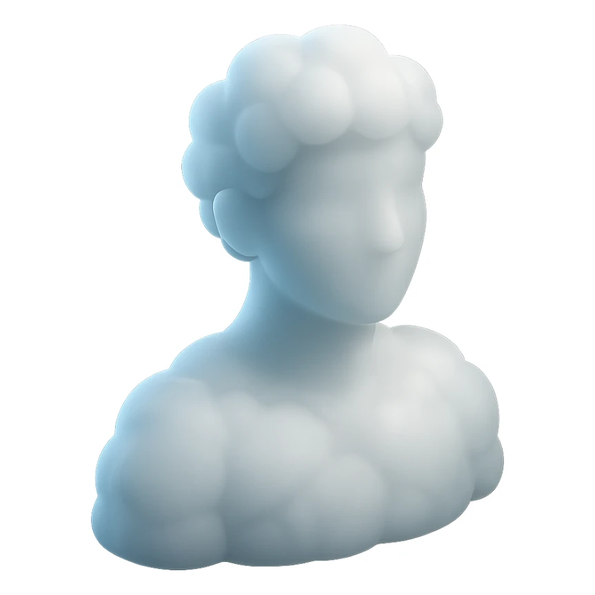 person looking straight, fully made of white fluffy convex clouds, shoulder up, matte glass style sticker