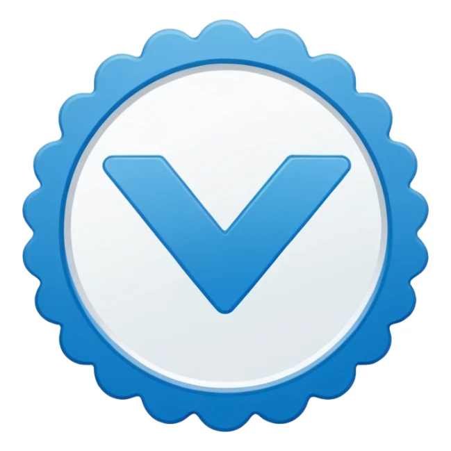 Flat blue verification badge emoji, scalloped circular shape, bold white checkmark in center, clean vector style, no text, no gradient, transparent background, emoji icon. sticker