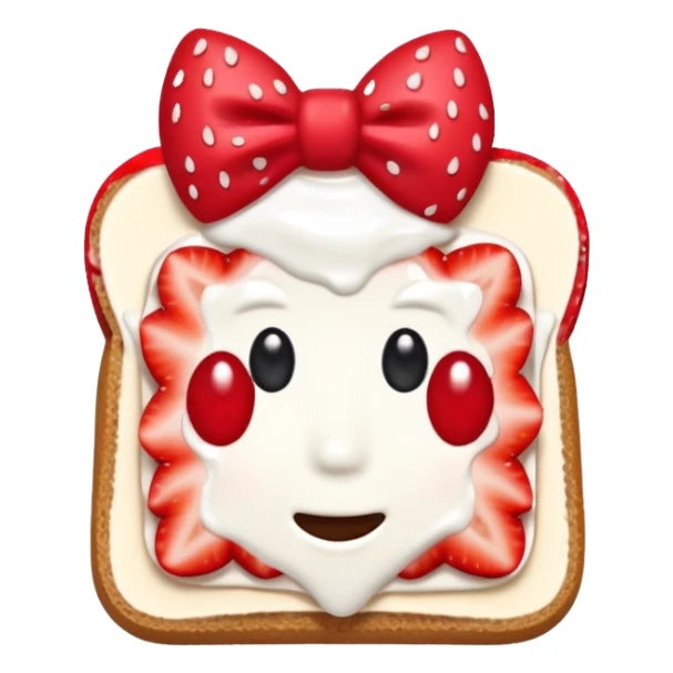 square toast topped with fluffy white cream, decorated with a strawberry bow made from two strawberry center, bright red and glossy sticker