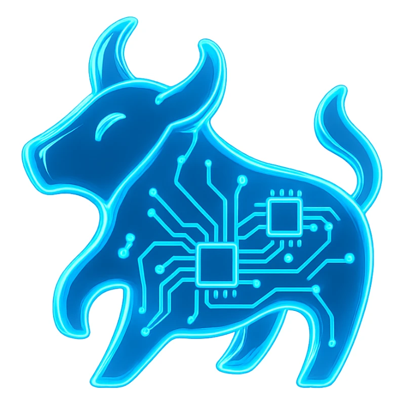 Make the bull logo much more abstract with emphasis on digital circuit elements, glowing blue, in glossy circuit style. sticker