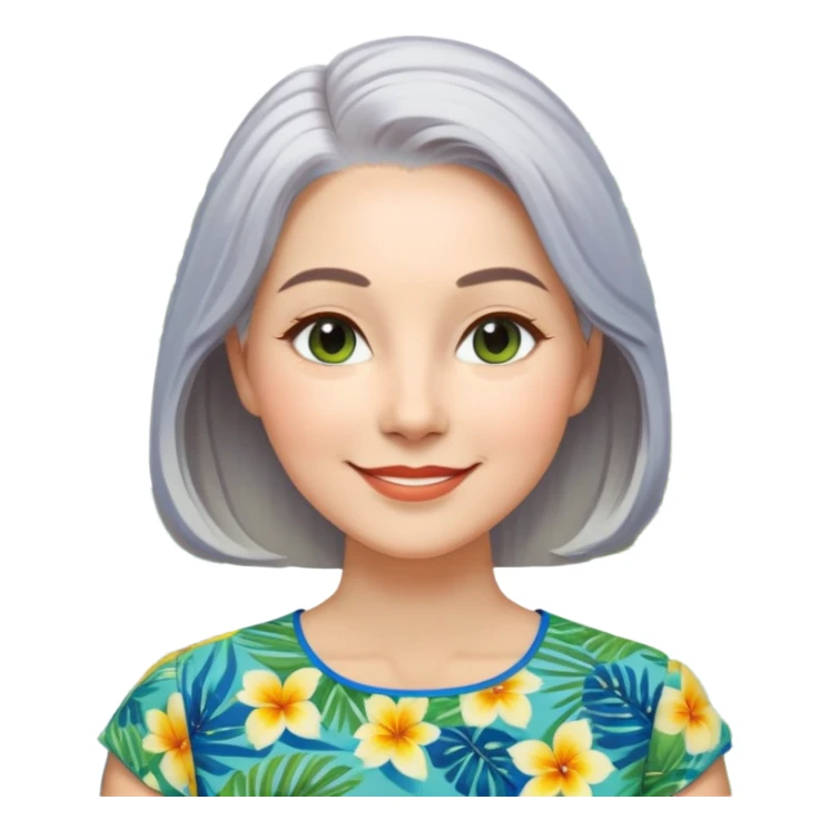A woman with light complexion, oval face with soft rounded features, full cheeks, gentle almond-shaped eyes with subtle smile lines, longer silver-gray hair parted to the side, wearing a vibrant short-sleeved blouse with tropical print in blue, green, and yellow, exuding warmth and joy. sticker