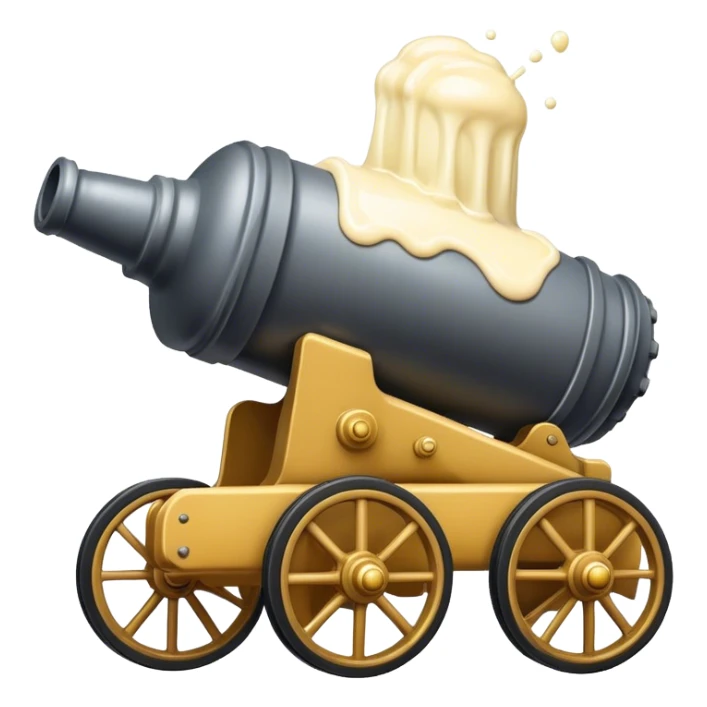 Cannon on two wheels that has some mayonnaise dripping out of the front sticker