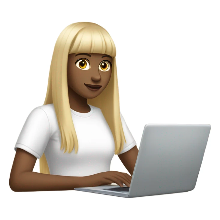 a girl with long dark straight hair and bangs, with fair, blond skin, working with a laptop (she is a marketer). wearing a white oversized t-shirt sticker