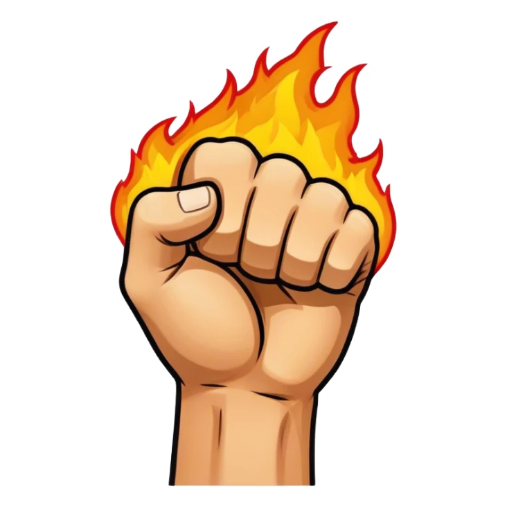 Simple cartoon fist punching with fire effect, bold outline. sticker