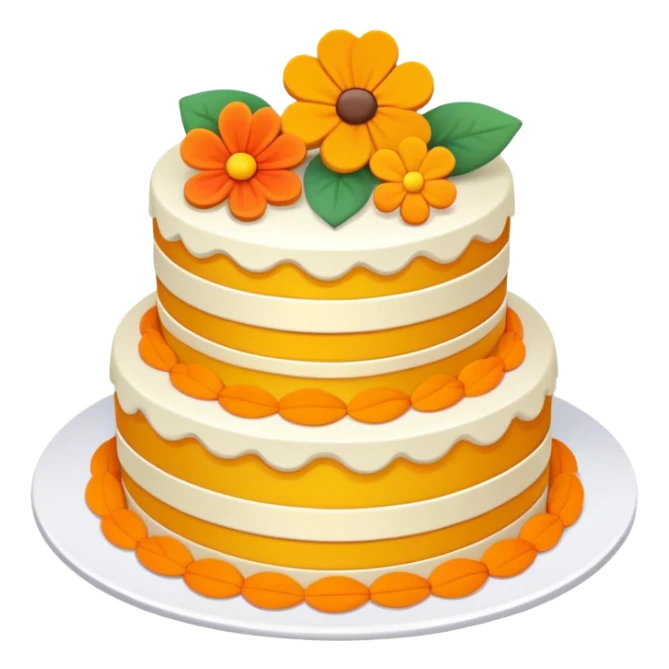 Double Ninth Festival Chongyang cake with layers and flower decorations, simplified emoji style with bold outlines and bright colors, cartoon style traditional autumn pastry sticker