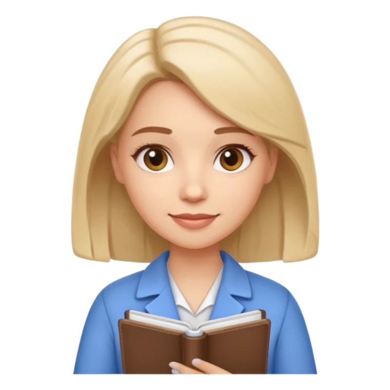 Cute female psychologist character, friendly and professional, holding a notebook, therapy office background, cartoon style, white background sticker