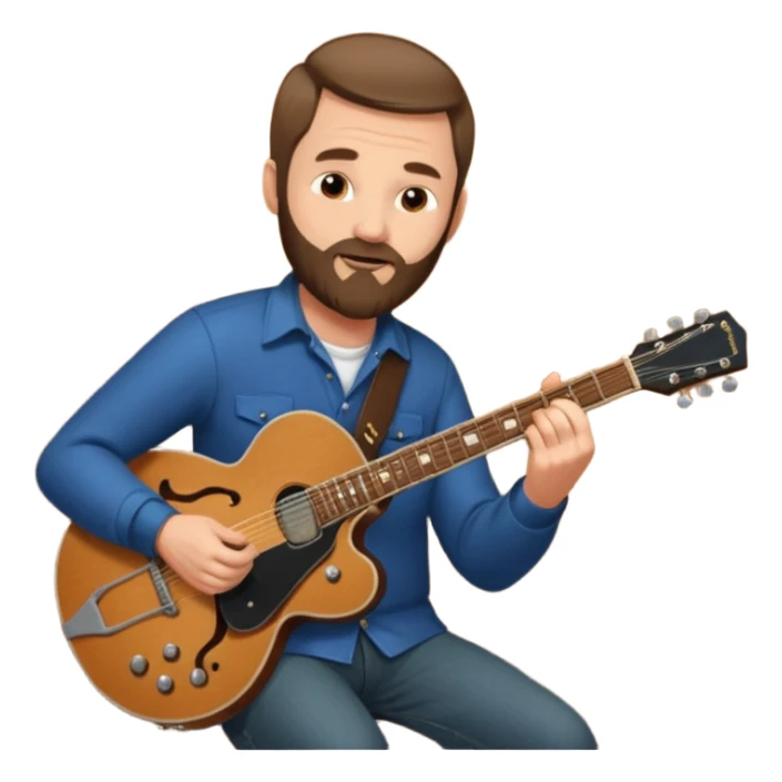 a short hair, with long side beards, middle age metal head with a classic epiphone guitar sticker