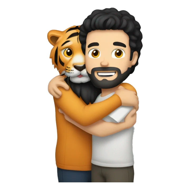 a caucasian guy with black hair and beard hugging with a tiger sticker