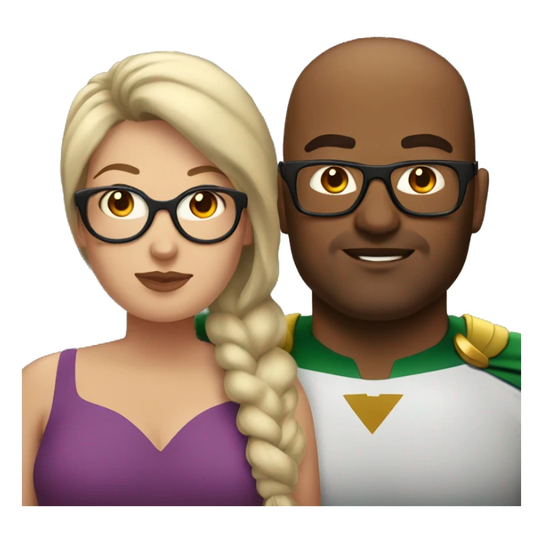 Plus sized super hero couple. Both wearing glasses. Man has shaved head. Woman has brown hair.  sticker