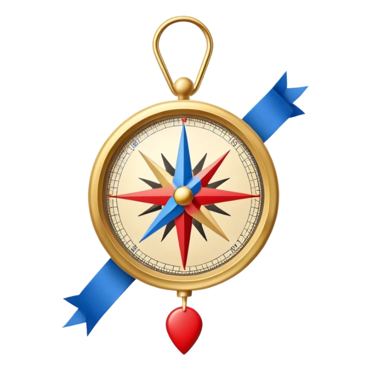 iOS compass with gold trim and blue and red direction markers hanging from a white ribbon sticker