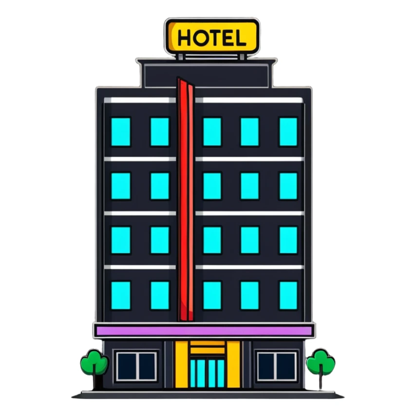 tall hotel building with illuminated sign and entrance sticker