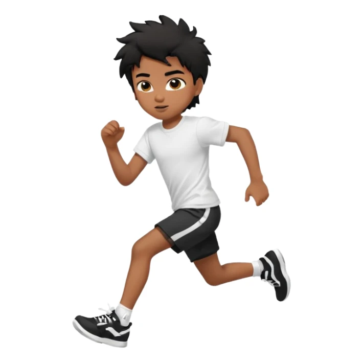 generate a pretty bratz brown skinned boy with black messy hair wearing a white tshirt and black running shorts. running on the street with white sneakers sticker