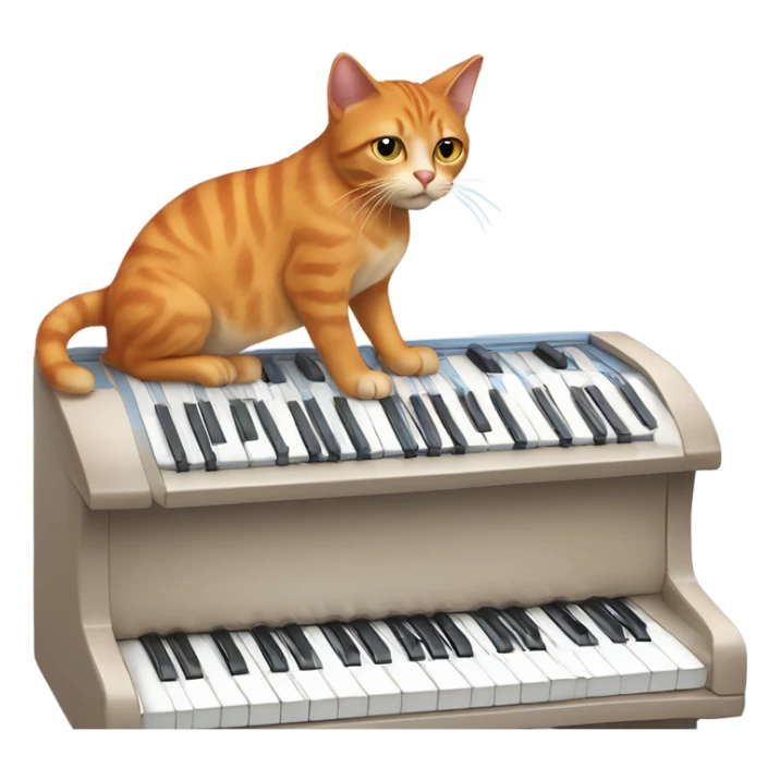 tan-red cat wearing a light-blue t-shirt taps musical keyboard sticker