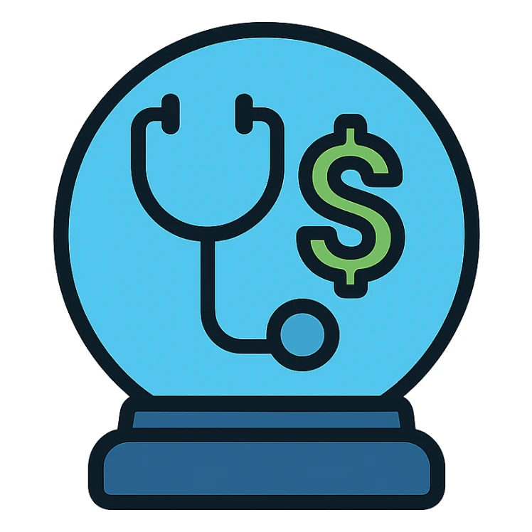 crystal ball icon with a stethoscope and dollar sign inside, minimal icon style, healthcare and affordability theme, clear outlines, blue and green color hints sticker
