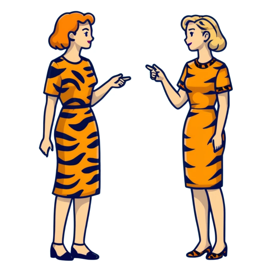 Two women chatting, dressed in leopard print and tiger print dresses sticker