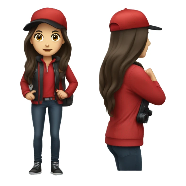 Brunette with long hair in a black cap and a red jacket with a camera sticker