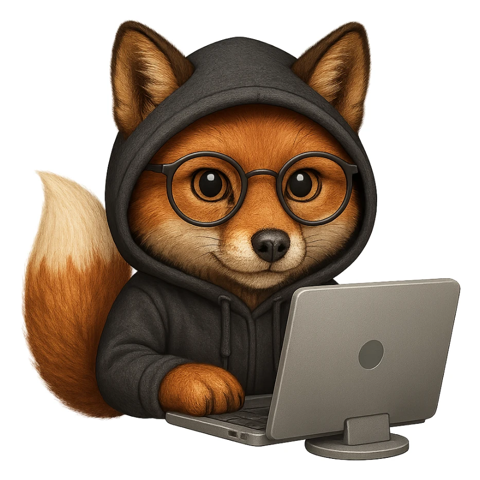 Make the fox realistic, a fox programmer hacker wearing a hoodie and glasses, sitting at a computer. Style: emoji style, no text, transparent background. sticker