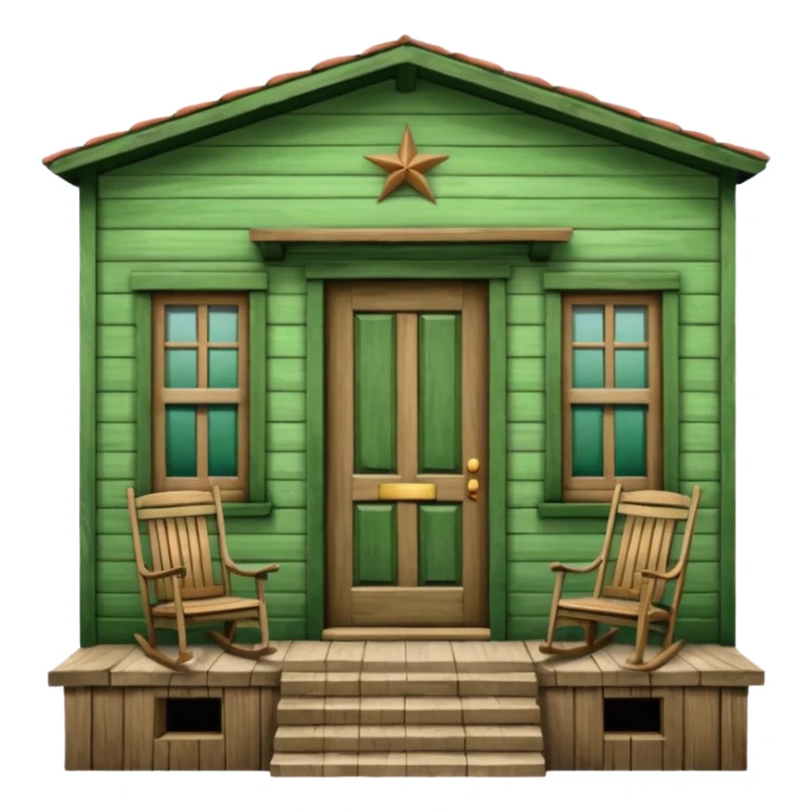 Puerto Rican wooden house facade, central door, two windows, front balcony with rocking chair, scenic frame, humble but well-maintained, warm and authentic, green color sticker