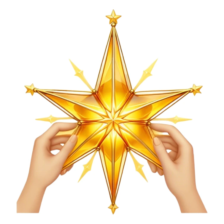A radiant yellow dream star emerges, carefully being built by hands connecting delicate strands of golden thread and translucent panels of glowing amber glass. sticker