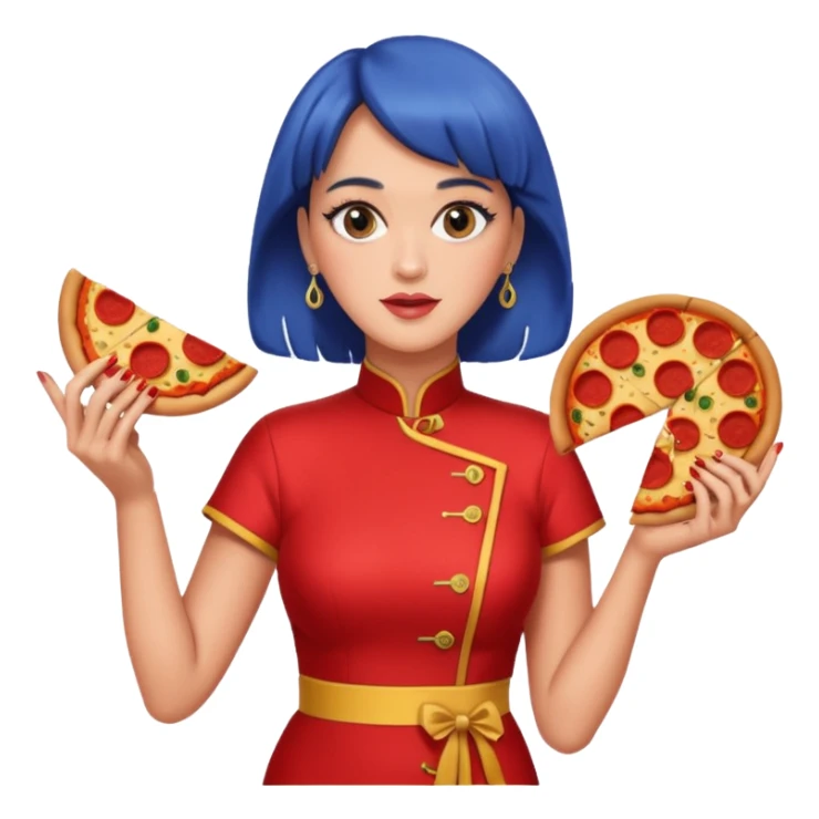 Katy Perry, wearing cheongsam, with pizza sticker