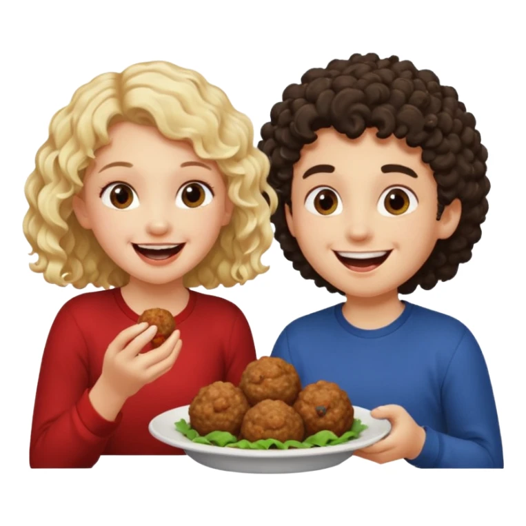 Ragazza bionda leggermente riccia che ride ad un ragazzo con i capelli ricci scuri mentre mangia polpette sticker