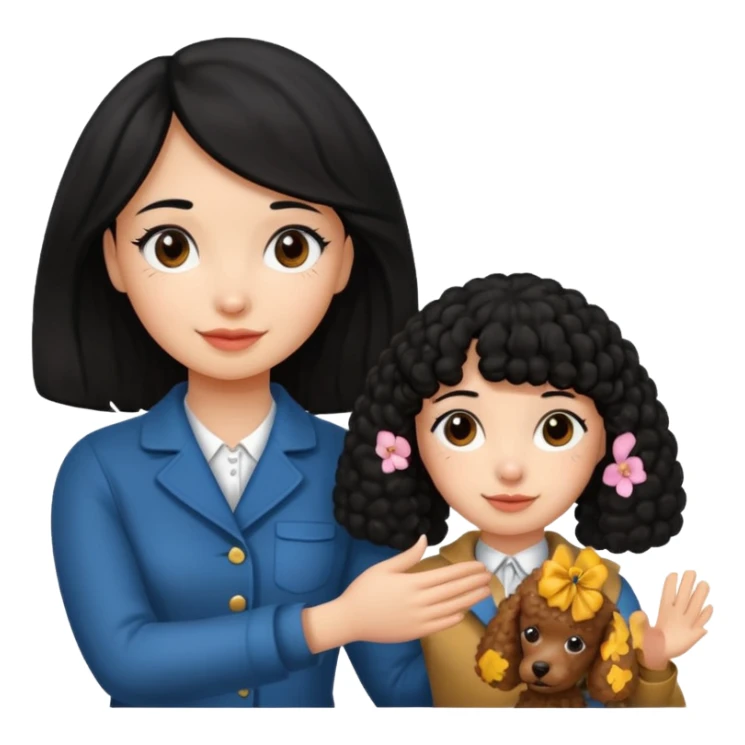 A black hair girl saying byebye with hand shaking a with a brown poodle sticker