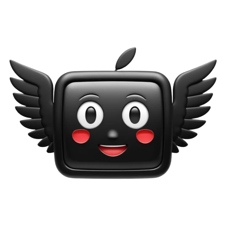 3D emoji of a rectangular video screen with a play icon in the center and small wings on both sides, in Apple Memoji style. Soft studio lighting, glossy finish, black background, minimalistic and centered composition sticker