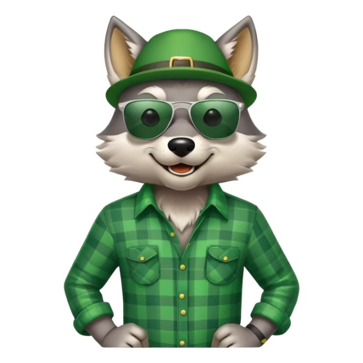 friendly anthropomorphised wolf in green plaid shirt and green attire for St. Patrick's Day, wearing dark sunglasses, festive pose sticker