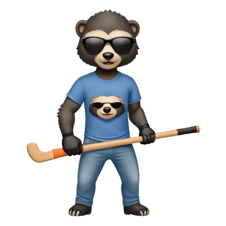 mischievous anthropomorphised honey badger in jeans and a t-shirt, wearing sunglasses, holding a hockey stick sticker