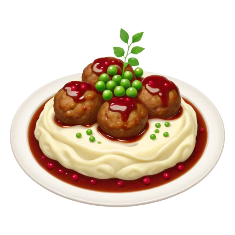 Meatballs with mashed potatoes, peas, pickled cucumber, lingonberries and gravy sticker