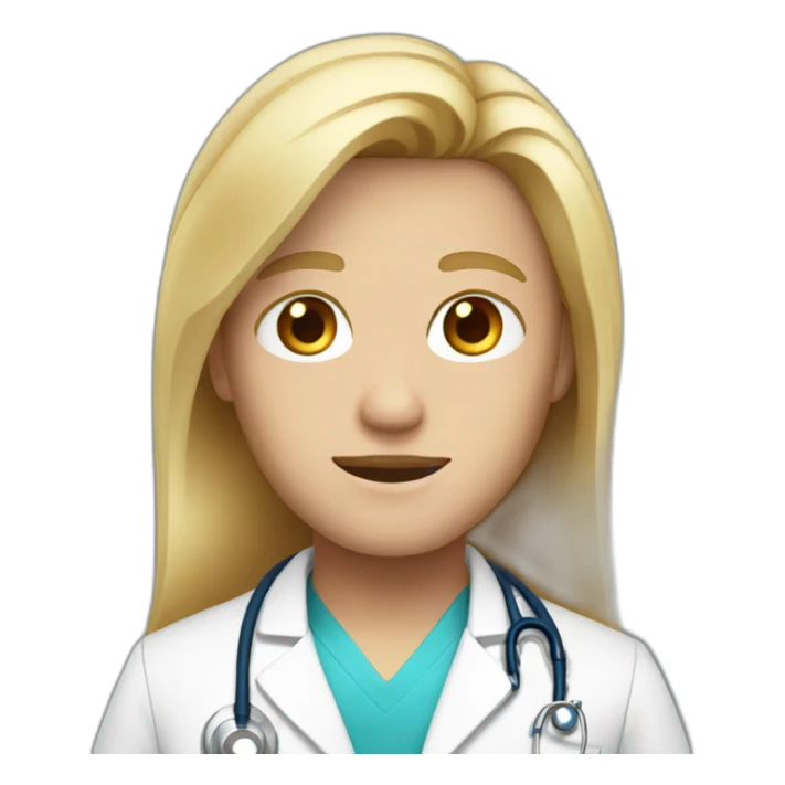 doctor with longblond hair and blue eyes and red face sticker
