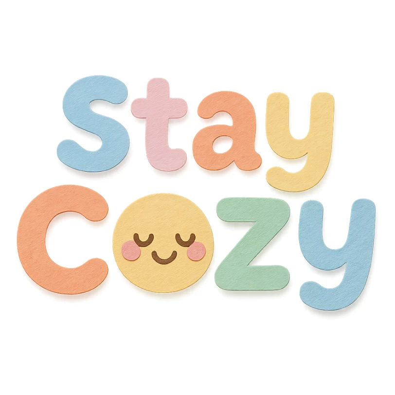 Soft pastel rainbow rounded bubble font for "Stay Cozy", cute kawaii style, no border, transparent background, paper craft style sticker