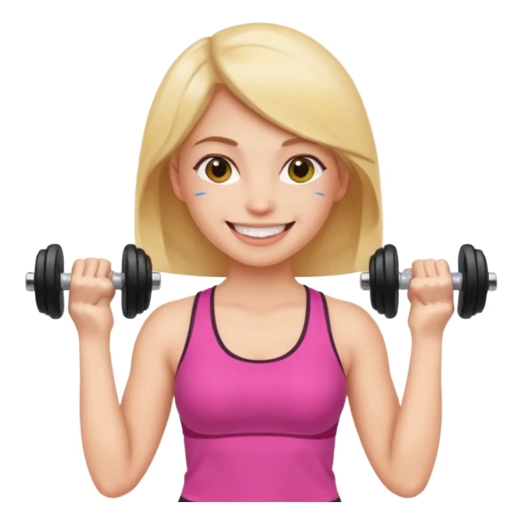 woman holding dumbbell in one hand and face roller in another, smiling, emoji style sticker