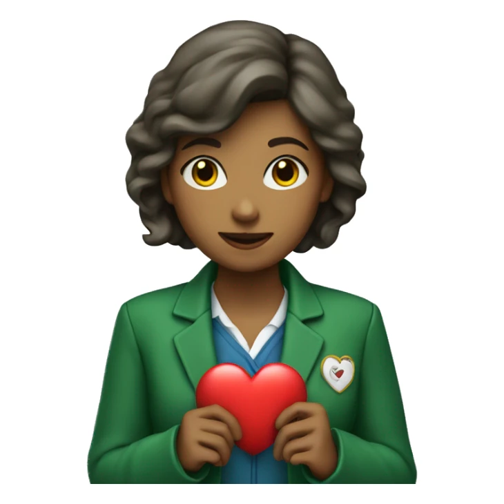 A female teacher in a green jacket holds a heart in her hands sticker