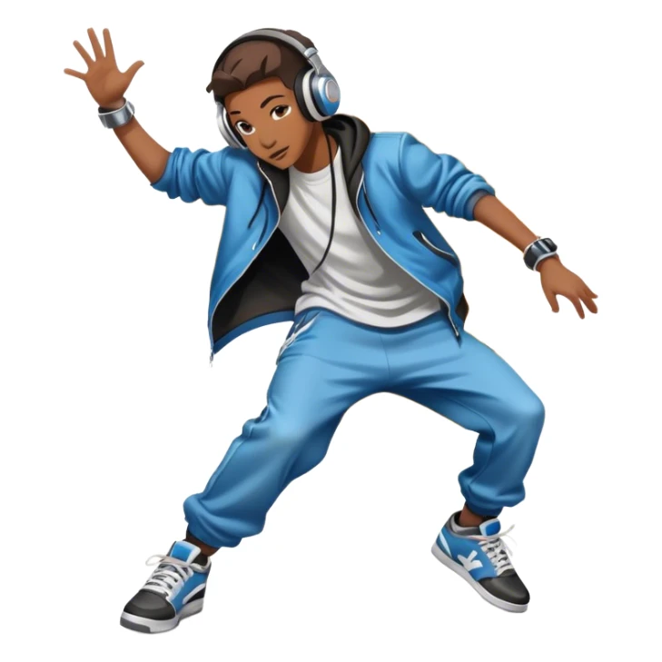 Icon for Street Dance: a dancer in urban streetwear performing a dynamic lower breakdance move, with a spray-painted background, headphones, and a boombox on the asphalt. The icon should capture the energy, style, and creativity of street dance culture. Transparent background. sticker