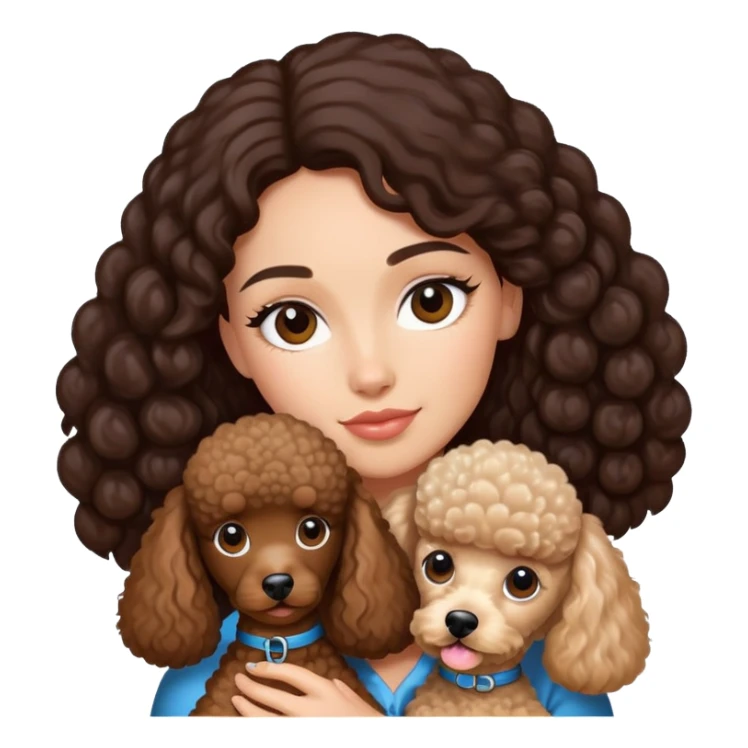 woman with long dark brown hair holding a poodle sticker